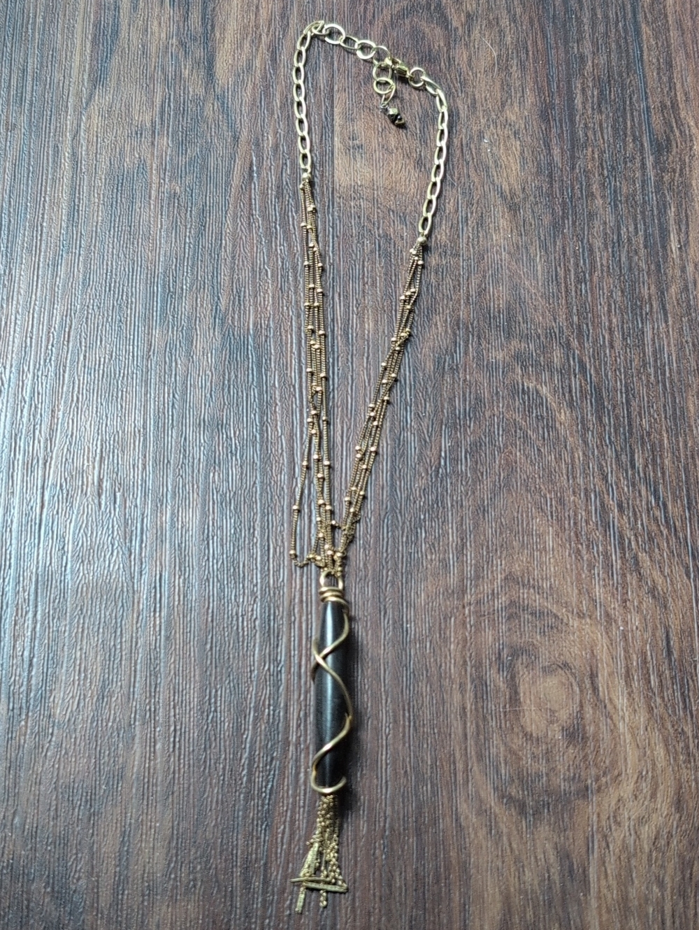 Gold-Tone Black Stone Wrapped Pendant Layered Necklace
